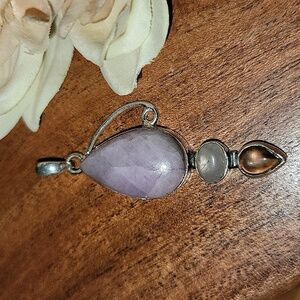 Pink Kunzite, Clear Quartz, Smoky Quartz Pendant 925 Solid Sterling Silver